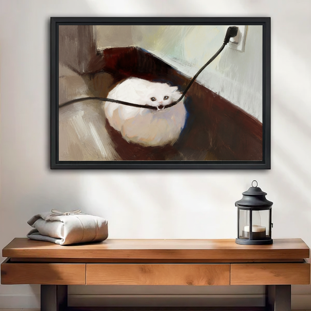 White Cat Biting a Cable Oil Painting Canvas Wall Art — black framed print displayed on a living room wall