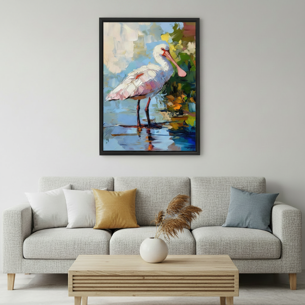 Spoonbill bird impasto canvas print in black frame above light gray sofa in modern living room, colorful nature wall art