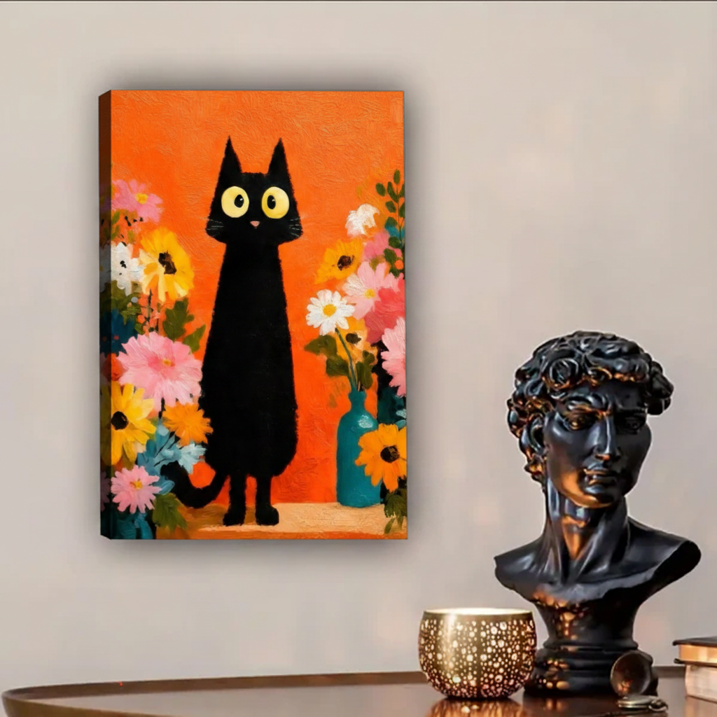 Bold black cat canvas art print surrounded by bright blooms, modern pop art style home wall decor