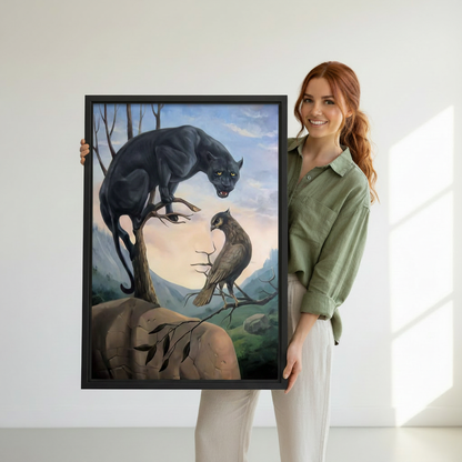 Woman holding surrealist black panther canvas wall art — dramatic wildlife illusion painting with hawk and tree face, framed canvas print