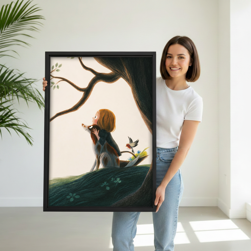 Soft illustration girl and dog wall art in black frame 