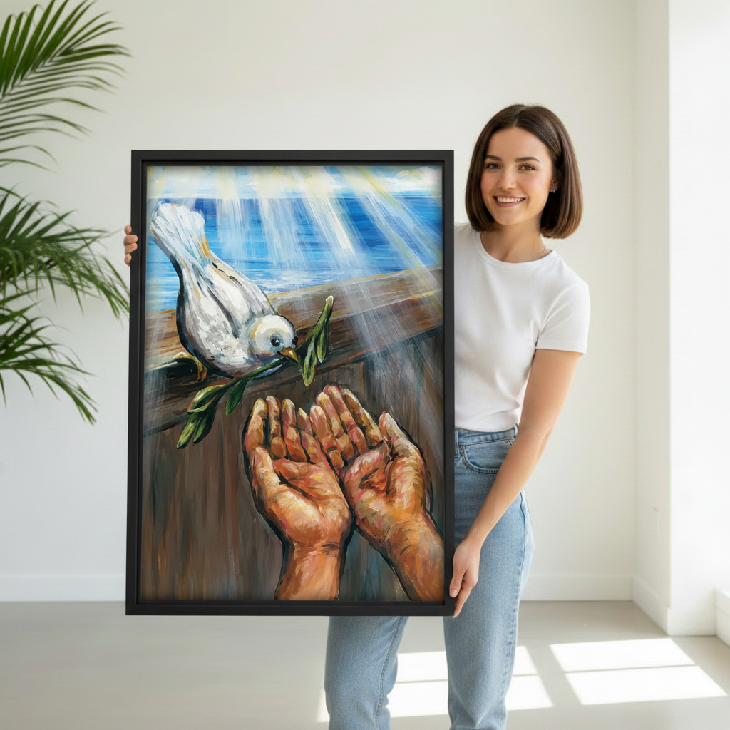 White dove peace oil painting framed wall art print, black frame, dove olive branch open hands, above dining table scene