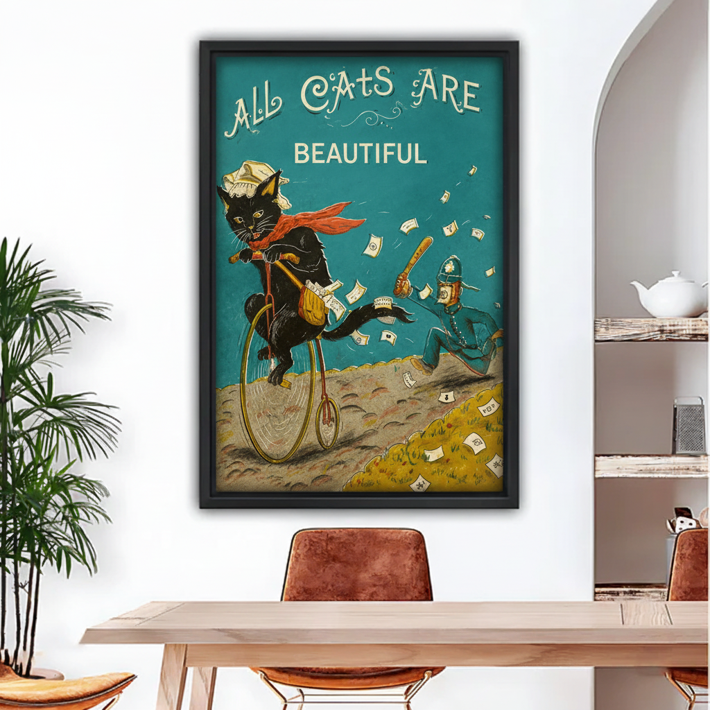 All Cats Are Beautiful retro black cat on penny-farthing framed canvas wall art above dining table, funny vintage teal cat home decor