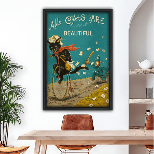 All Cats Are Beautiful retro black cat on penny-farthing framed canvas wall art above dining table, funny vintage teal cat home decor