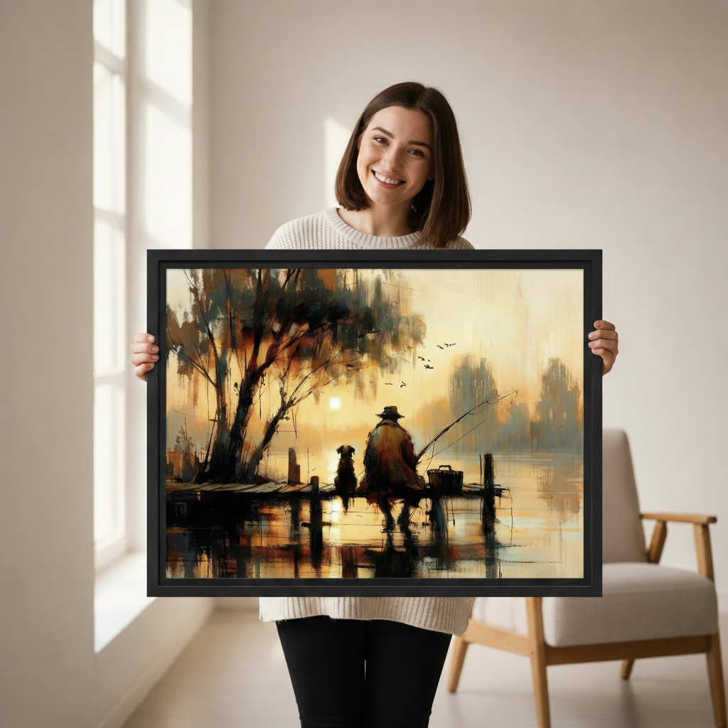 Man and dog silhouette sunset canvas print, rustic nature-inspired home decor