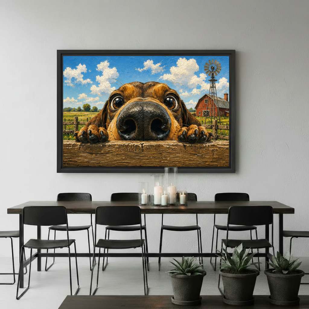 Curious dog peeking fence canvas print in modern room, funny farmhouse dog lover wall art