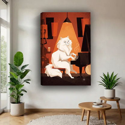 Retro White Cat Playing Piano Canvas Wall Art | Framed & Unframed l4809