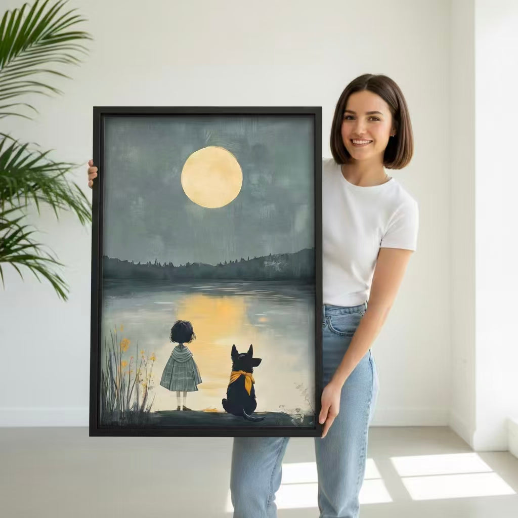 Girl and dog moon lake canvas wall art above grey sofa living room