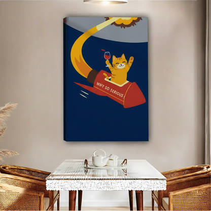 Funny cat rocket wine retro gallery wrap canvas wall art, bold cat lover living room decor