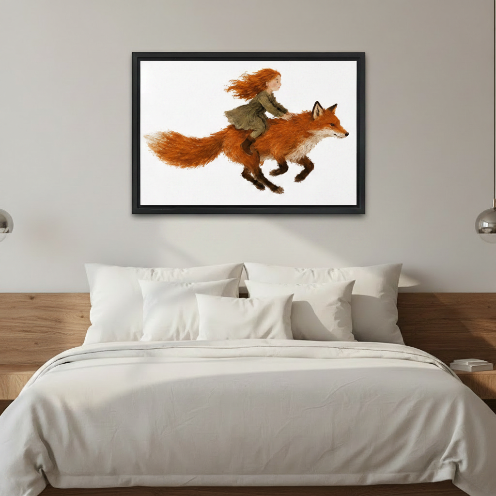Girl riding fox whimsical watercolor framed canvas art above bed in cozy bedroom, magical nursery wall decor