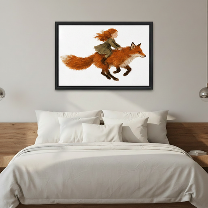 Girl riding fox whimsical watercolor framed canvas art above bed in cozy bedroom, magical nursery wall decor