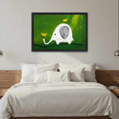 Elephant and yellow birds canvas wall art, bold green oil painting style home decor