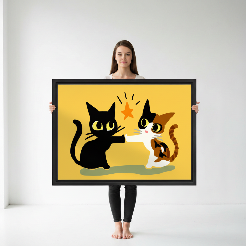 Funny cats high five framed art print on white wall, bold yellow home decor