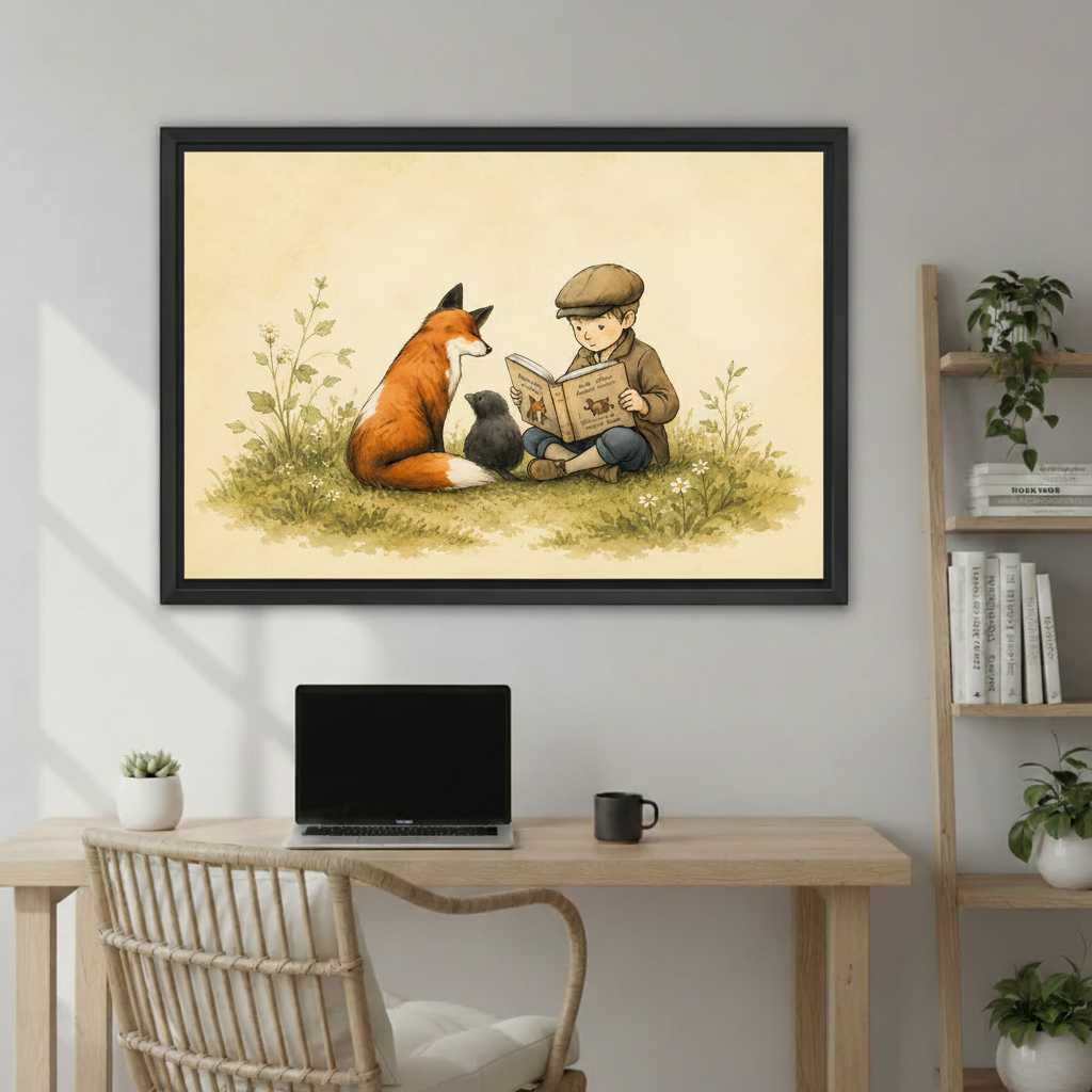 Watercolor boy reading to fox and cat canvas print in cozy living room