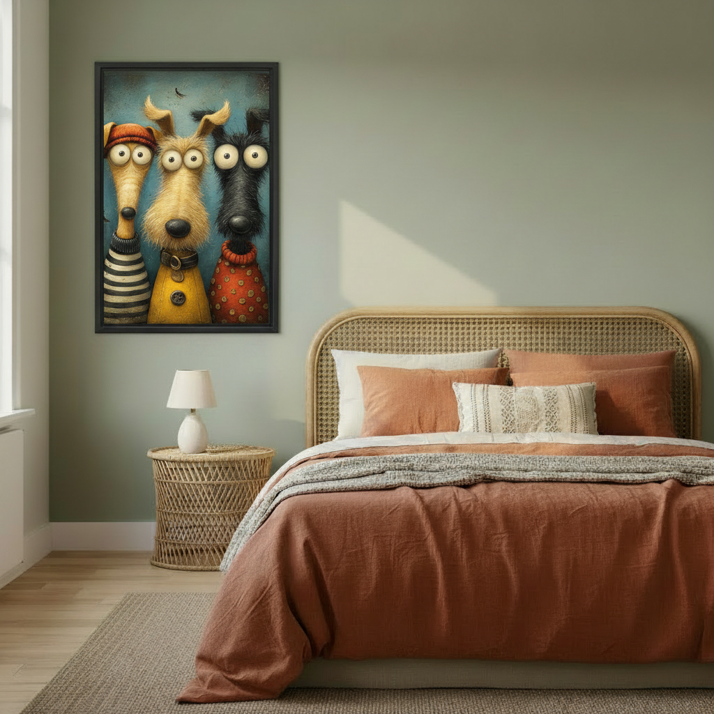 Three dogs folk art oil painting canvas wall art in black frame in cozy bedroom — whimsical cartoon dogs in colorful outfits above bed