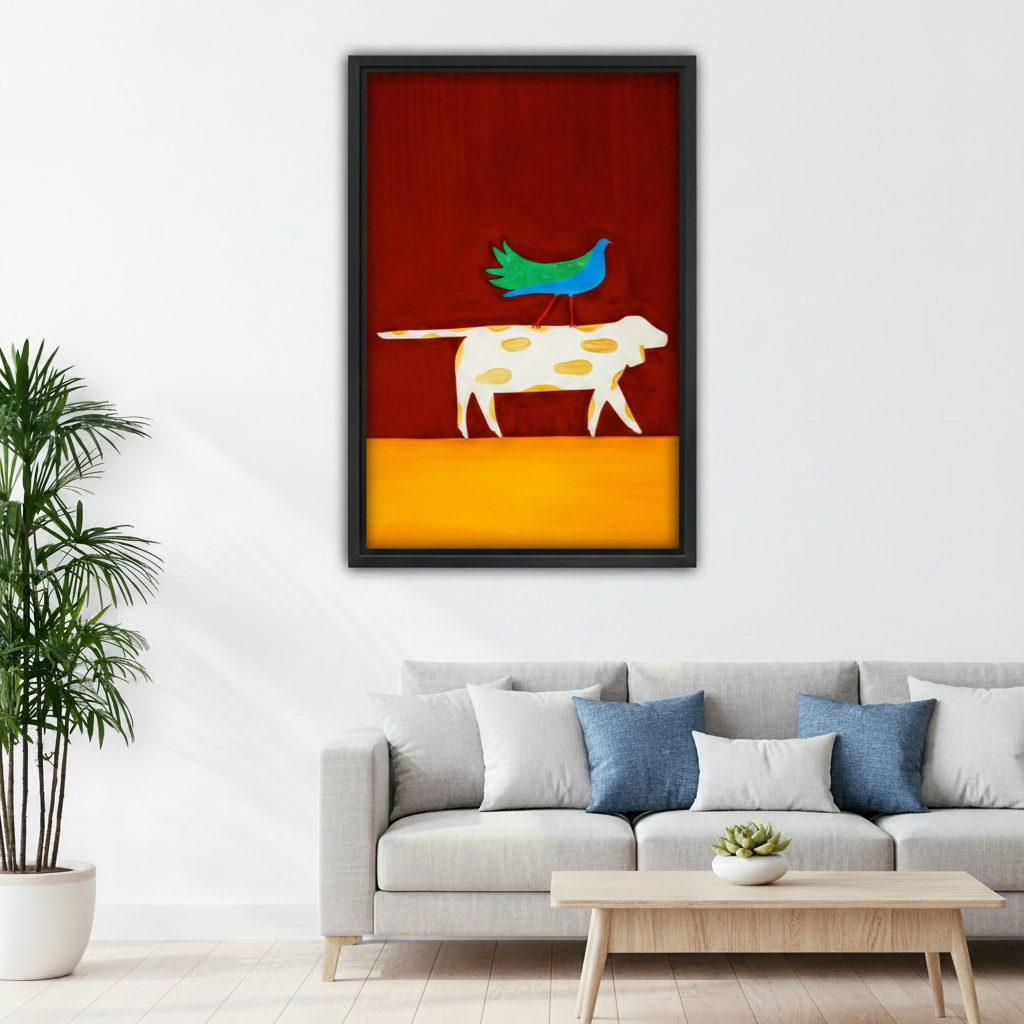 Minimalist dog and bird canvas print with red and gold color block design