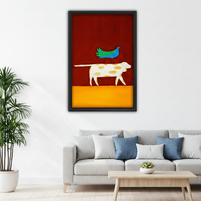 Minimalist dog and bird canvas print with red and gold color block design