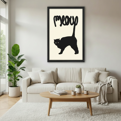 Black cat meow minimalist wall art above cream sofa — bold typography silhouette print, modern living room decor