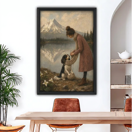 Vintage Woman and Dog by Mountain Lake Canvas Wall Art | Framed & Unframed l4932