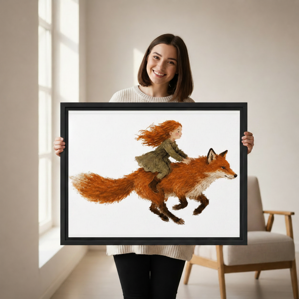 Hand-held girl riding fox whimsical watercolor canvas print, magical fox wall art close-up detail shot