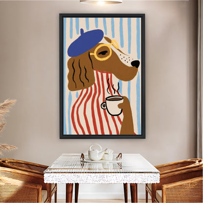 Stylish Dog with Beret & Coffee Cup Retro Wall Art Print|Liberty Signs #L828