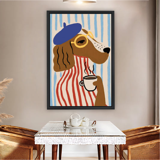 Stylish Dog with Beret & Coffee Cup Retro Wall Art Print|Liberty Signs #L828