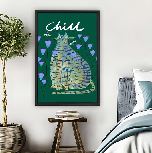 "Chill" Tabby Cat with Purple Flowers Wall Art Print| Liberty Signs #L1556