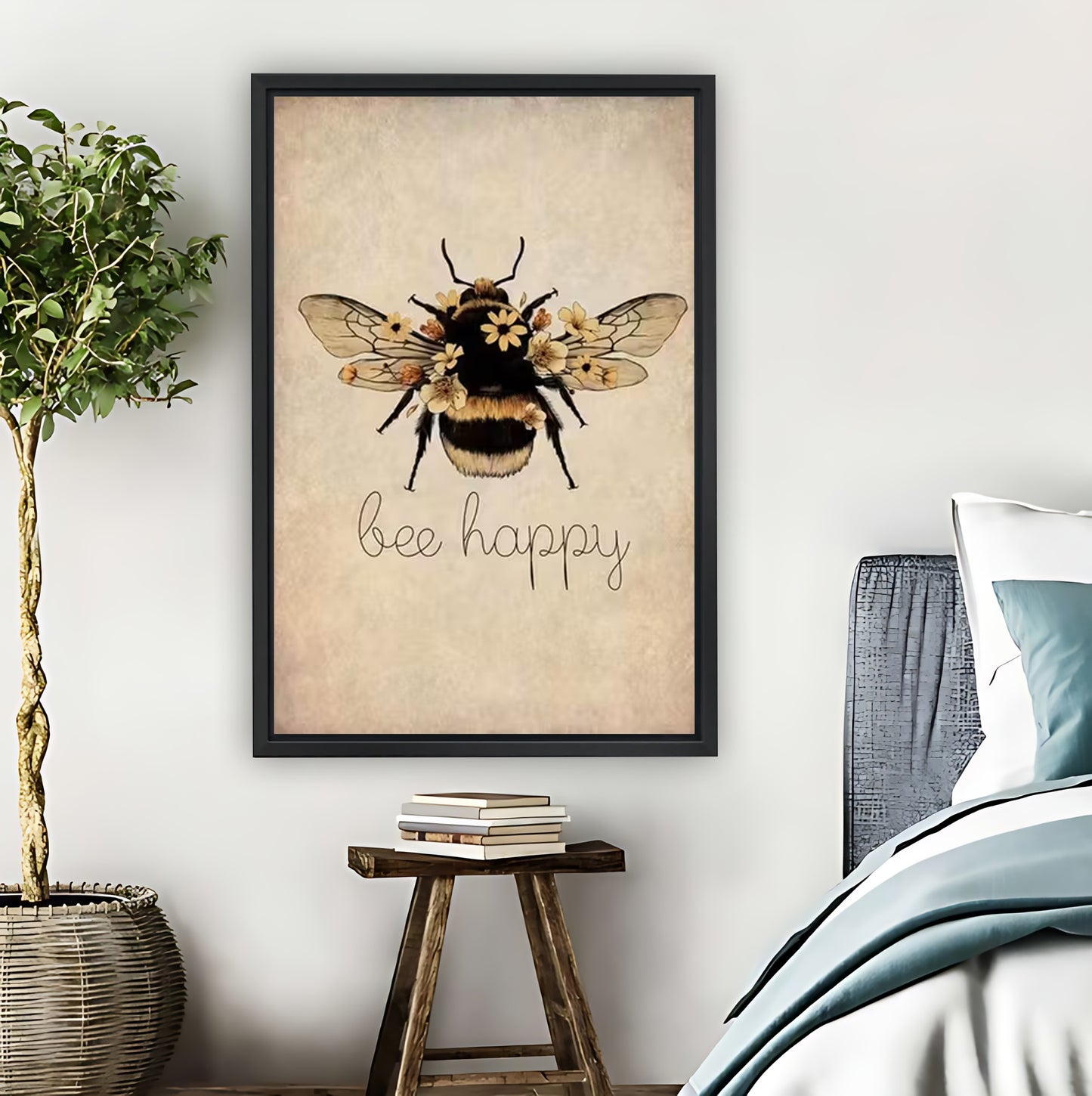 Vintage "Bee Happy" Floral Bee Art Print| Liberty Signs #L1543