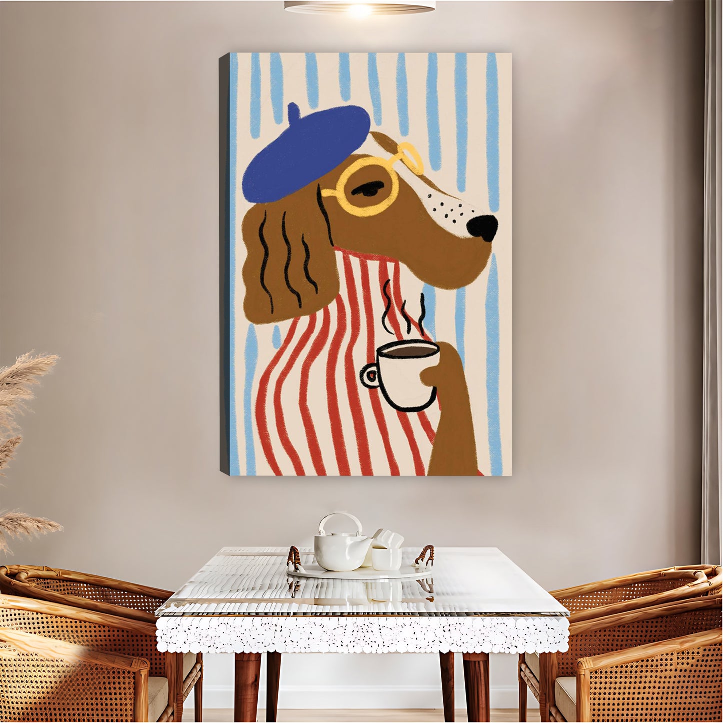 Stylish Dog with Beret & Coffee Cup Retro Wall Art Print|Liberty Signs #L828