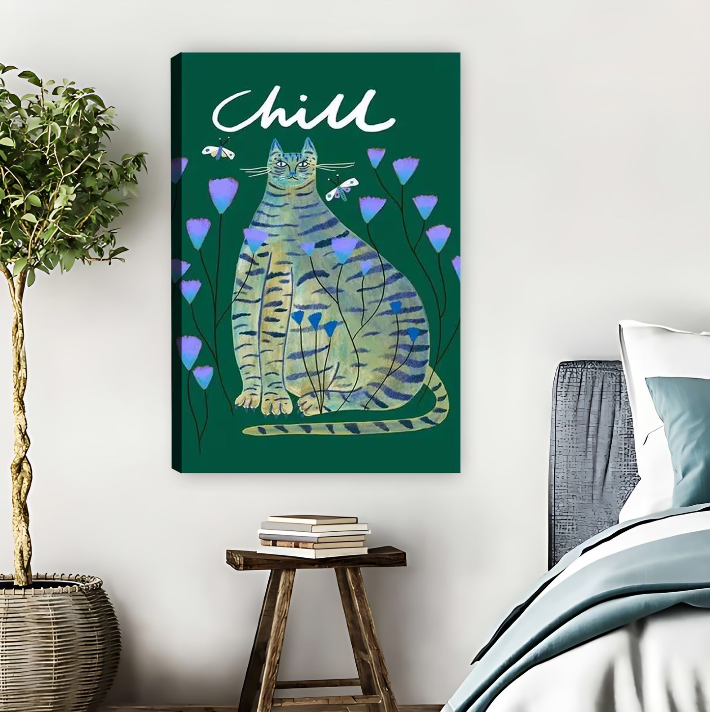 "Chill" Tabby Cat with Purple Flowers Wall Art Print| Liberty Signs #L1556