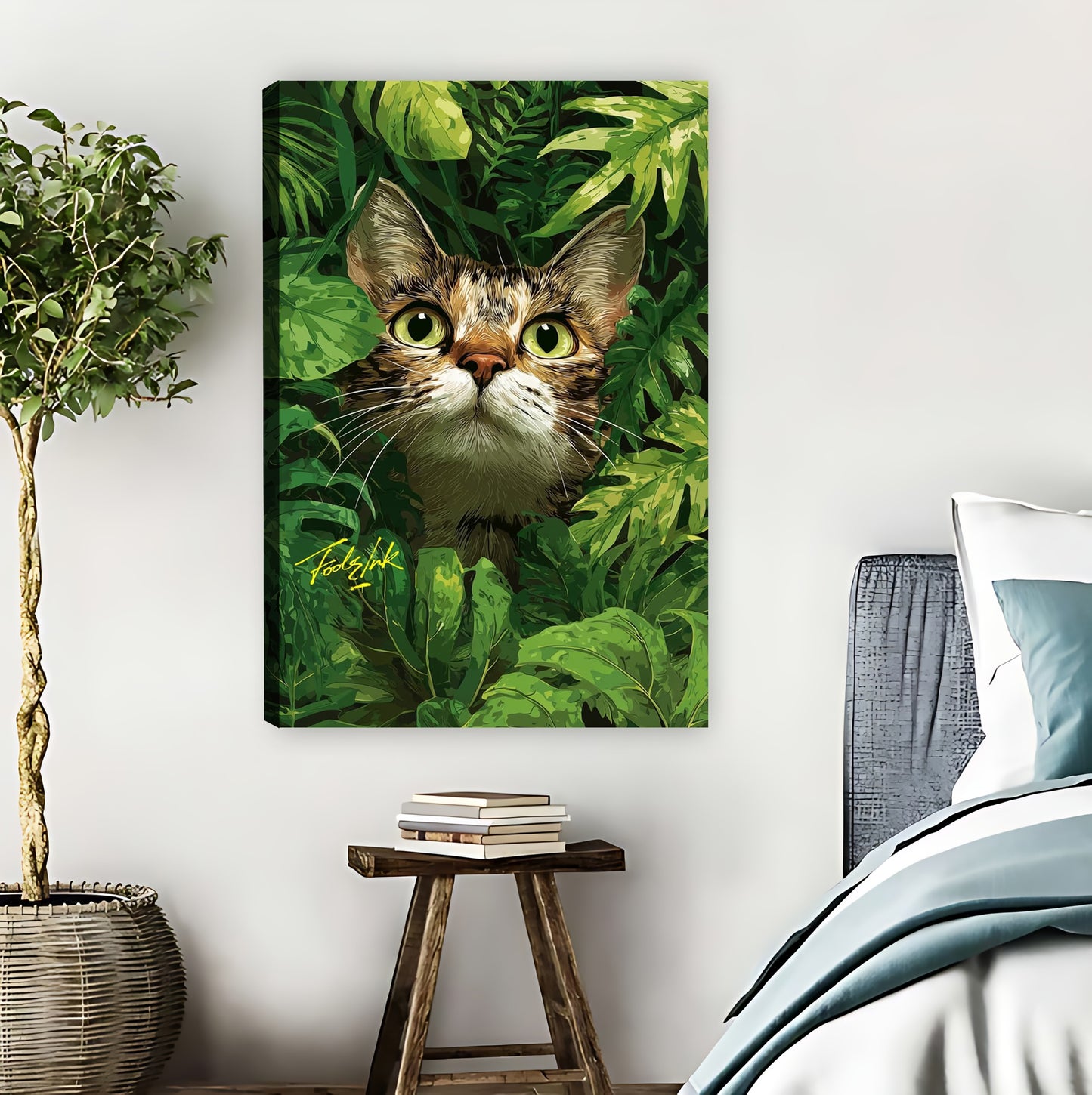 Cute Cat Hiding in Leaves Art Print|Liberty Signs #L804