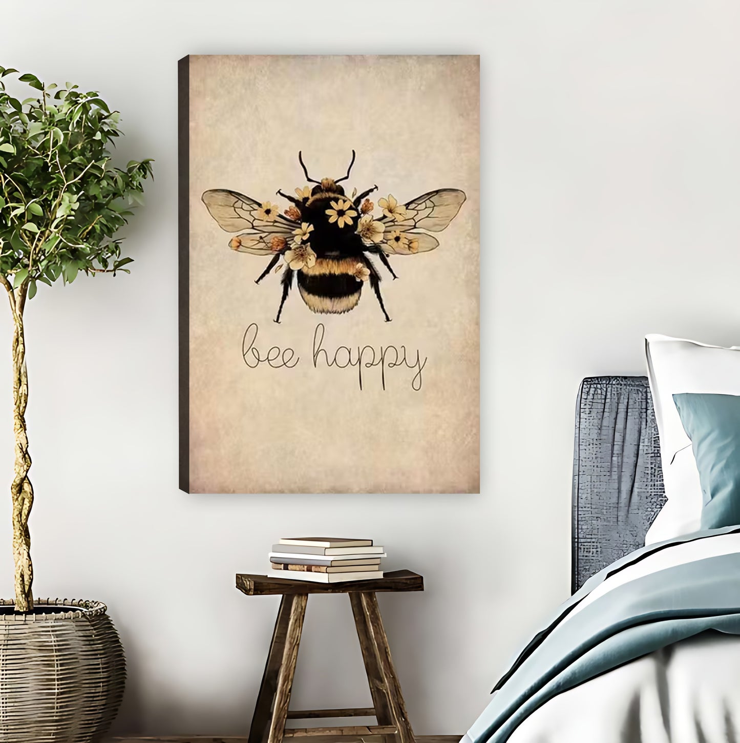 Vintage "Bee Happy" Floral Bee Art Print| Liberty Signs #L1543