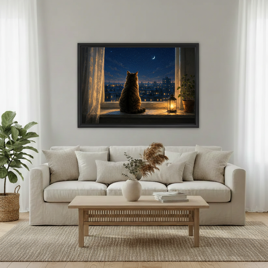 Cat watching night city oil painting wall art print above sofa, moody moonlit home decor