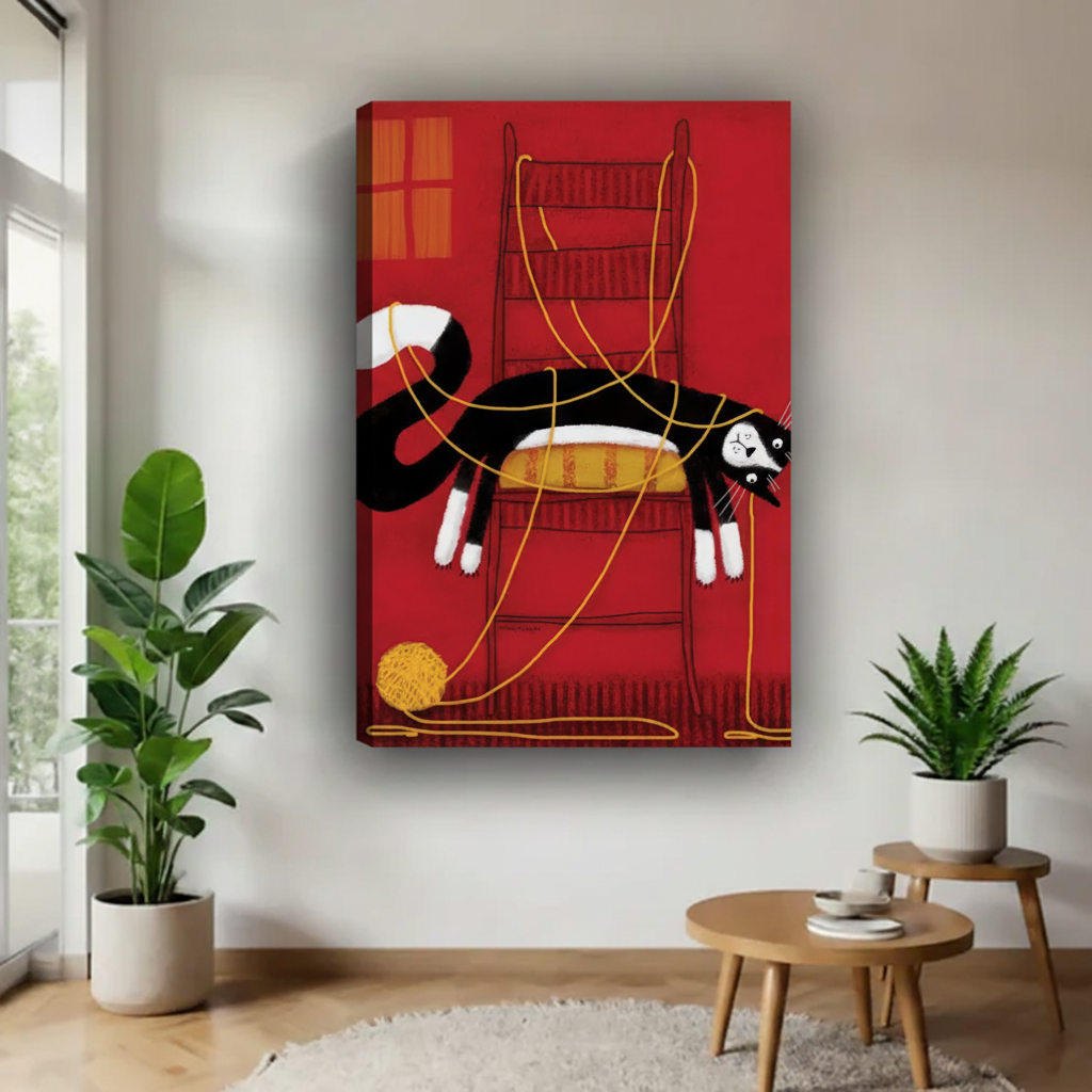 Whimsical tuxedo cat yarn chair gallery-wrapped canvas art — colorful red illustration with golden yarn, frameless print for modern living room decor