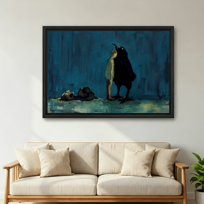 Dark surreal boy and raven moody canvas art print displayed in bedroom, gothic teal oil painting wall decor