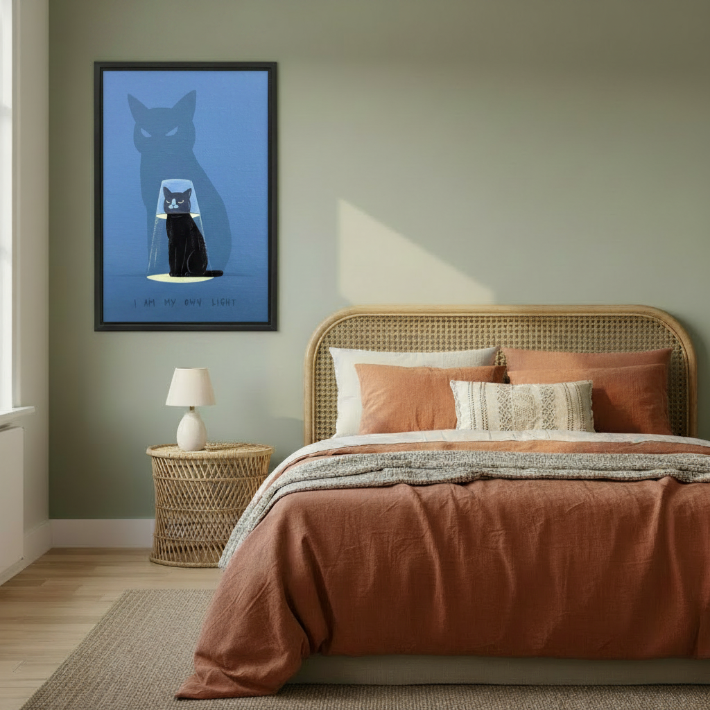 Minimalist black cat canvas wall art with empowerment quote hanging in a cozy bedroom, bold statement piece for cat lovers