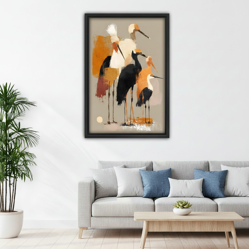 Abstract crane birds warm gold wall art in black frame above grey sofa in Scandinavian living room