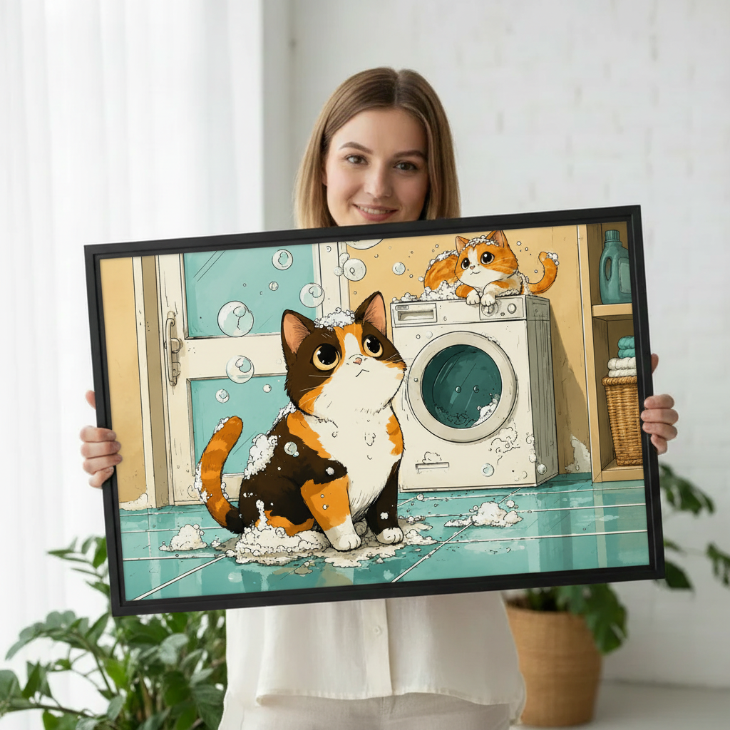 Anime laundry cat art print in black frame, playful cat decor for living room or kids room