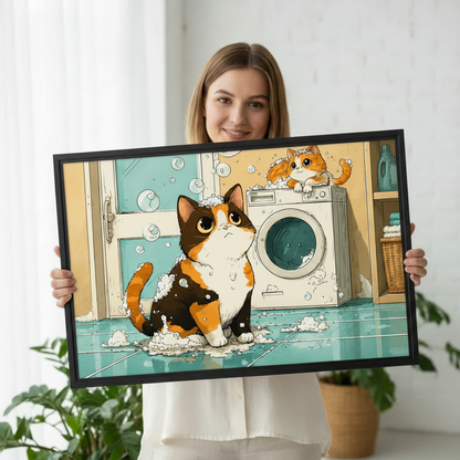 Anime laundry cat art print in black frame, playful cat decor for living room or kids room