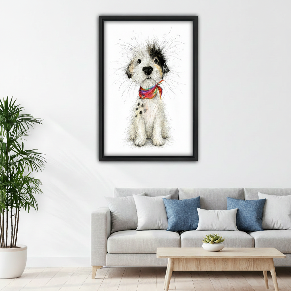 Adorable scruffy dog with rainbow bandana framed canvas above living room sofa, whimsical puppy ink sketch wall art, cozy dog lover home decor