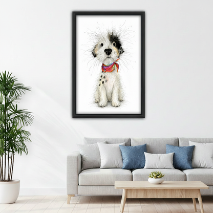 Adorable scruffy dog with rainbow bandana framed canvas above living room sofa, whimsical puppy ink sketch wall art, cozy dog lover home decor