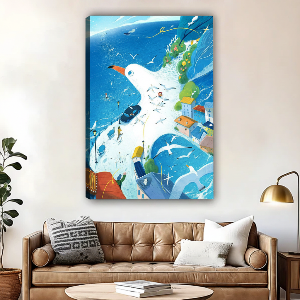 Giant seagull bird's eye view framed canvas print, colorful seaside wall decor