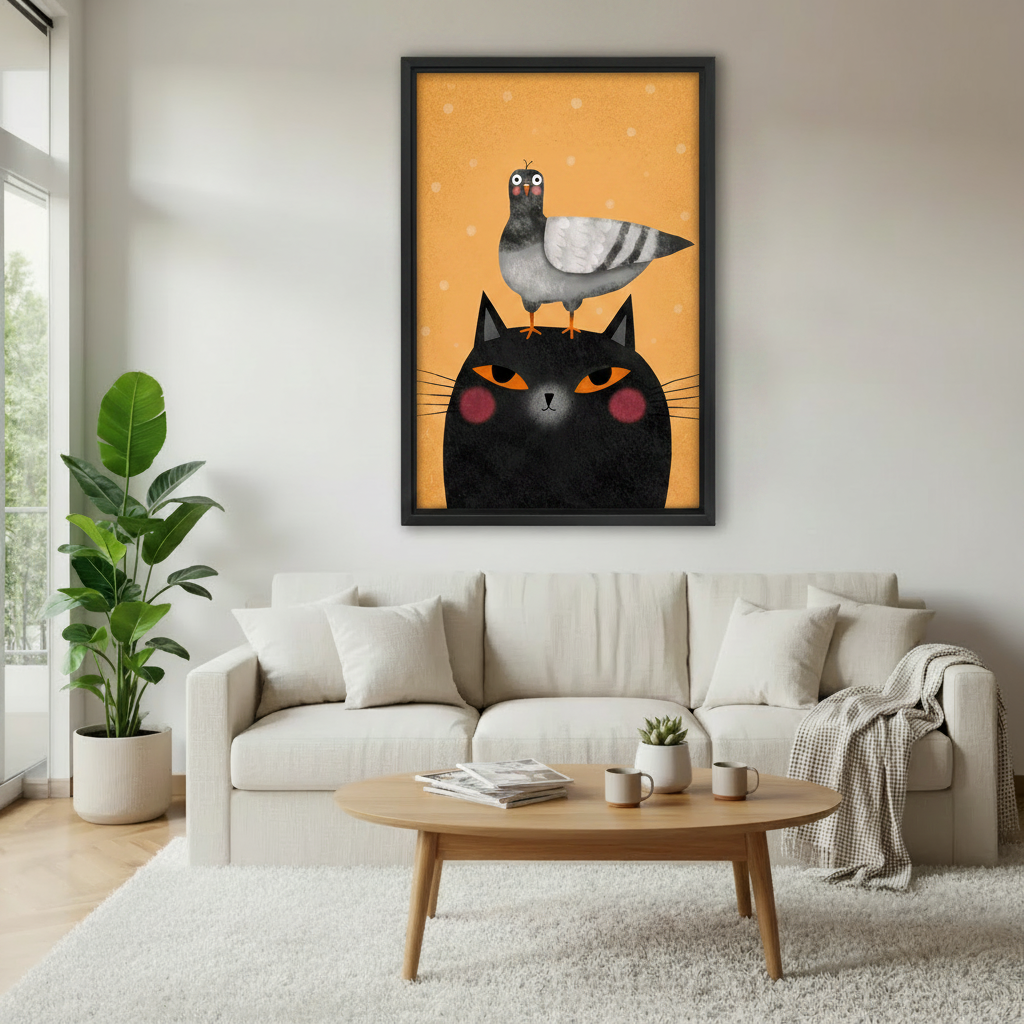 Black cat pigeon framed canvas print in cozy bedroom with sage green walls — funny humorous cat wall art