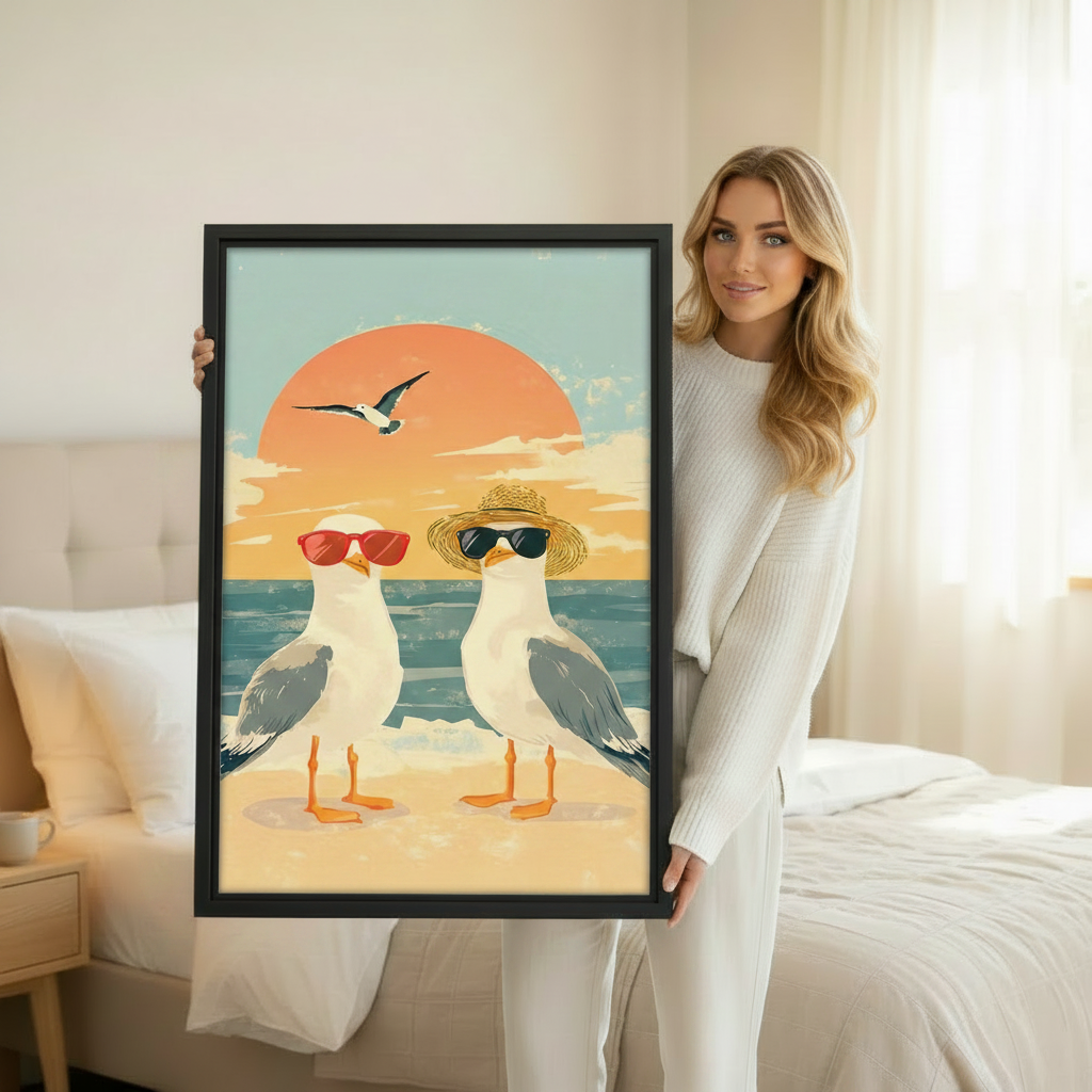 Woman posing beside retro beach seagulls sunglasses canvas wall art print in black frame, fun coastal wall decor