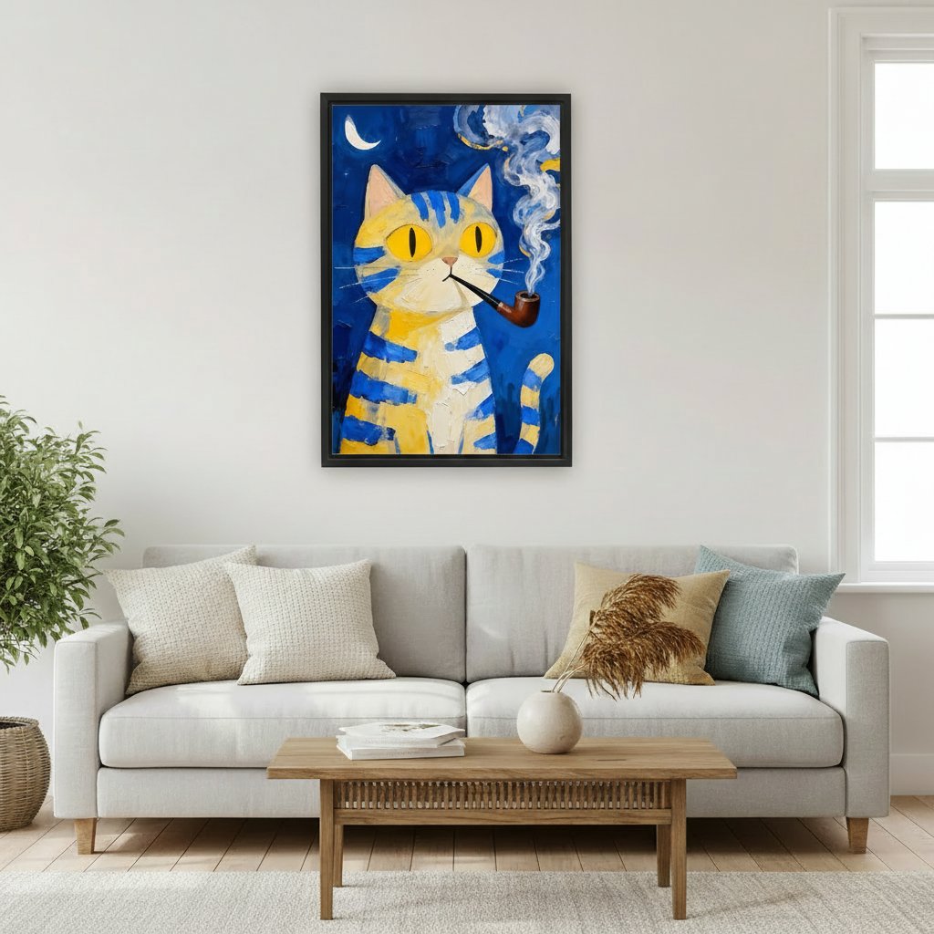 Van Gogh style cat smoking pipe framed canvas print above wooden stool in bedroom