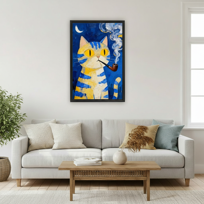 Van Gogh style cat smoking pipe framed canvas print above wooden stool in bedroom