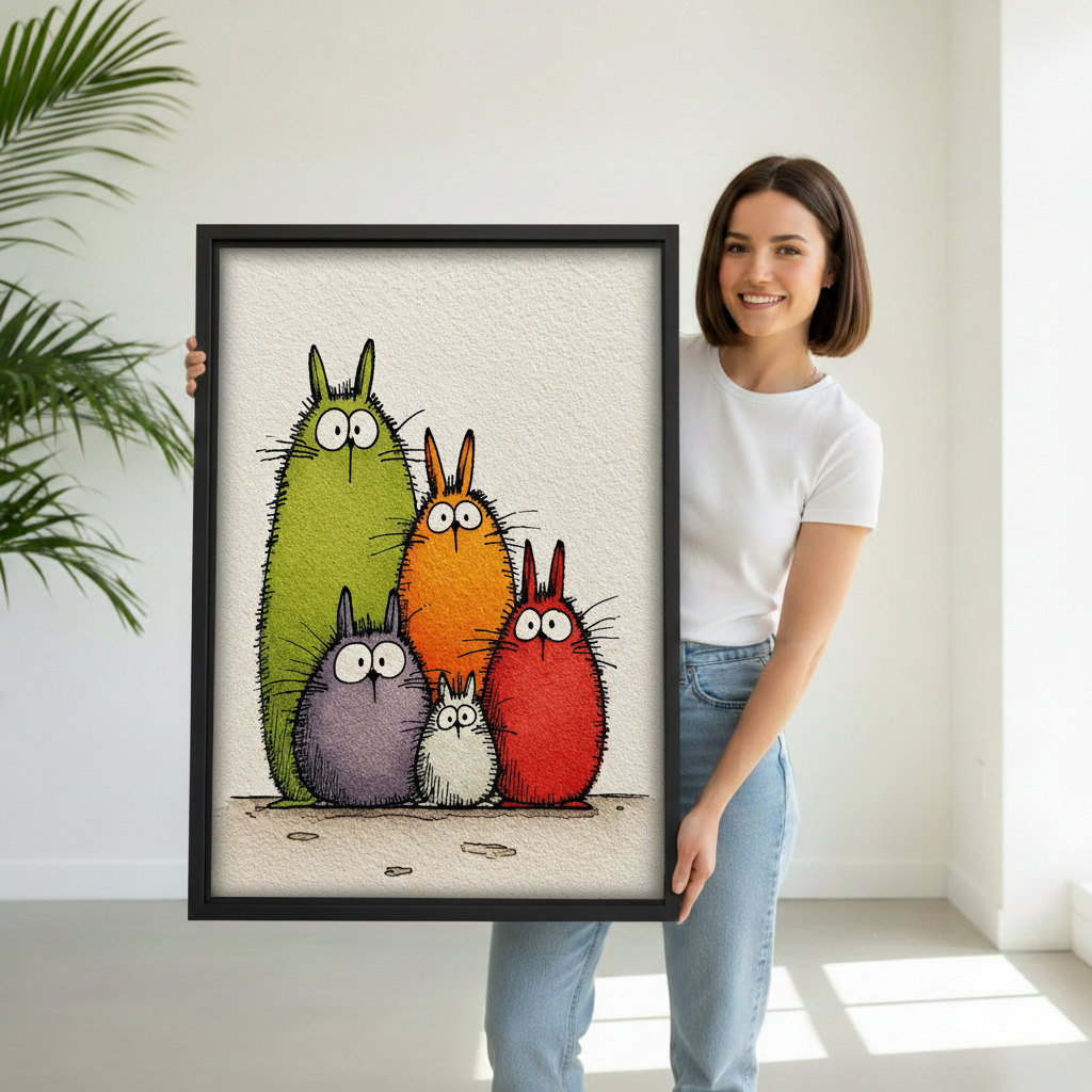 Bold cartoon animal family wall art in black frame 