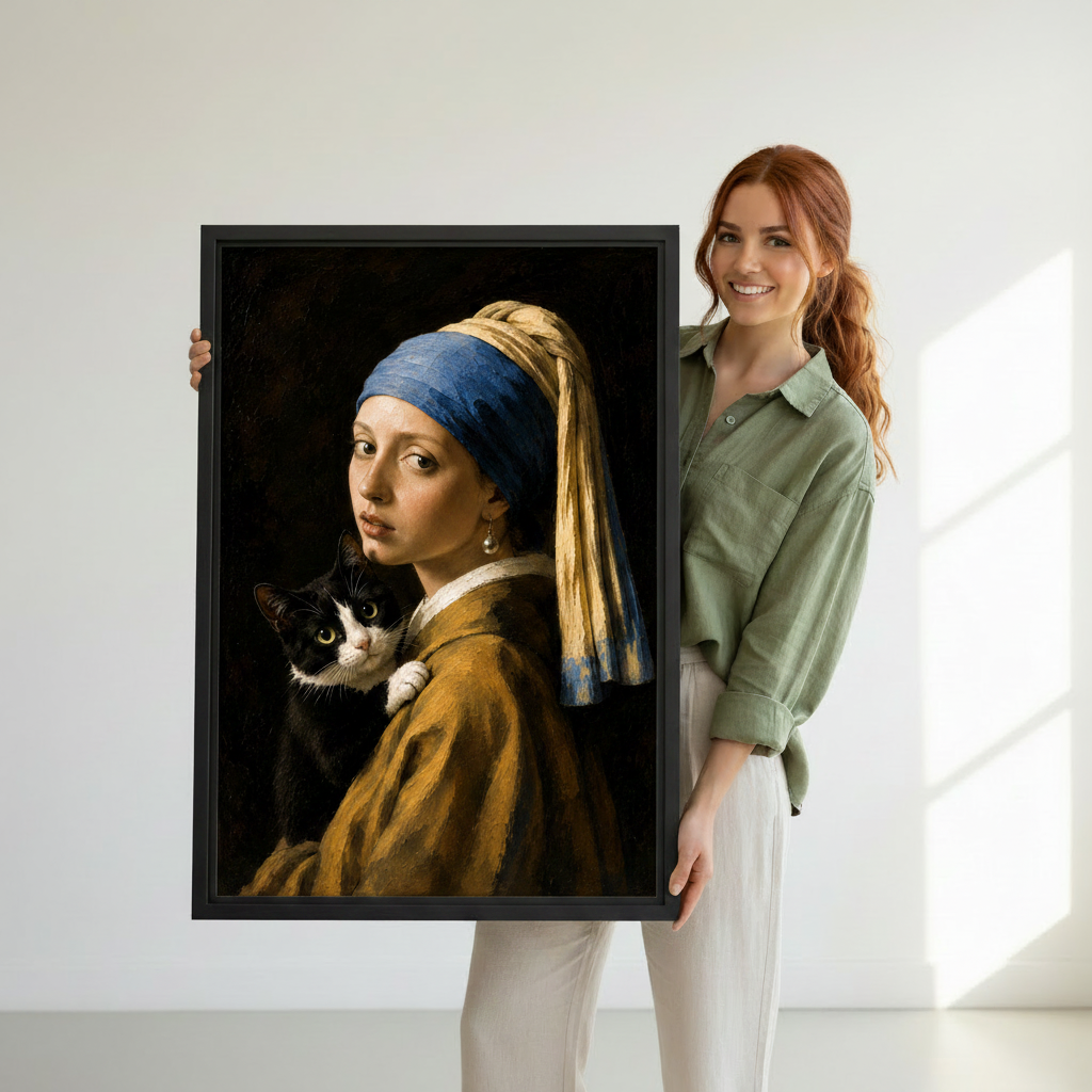 Black framed classical Vermeer-inspired girl and cat canvas art held against white background