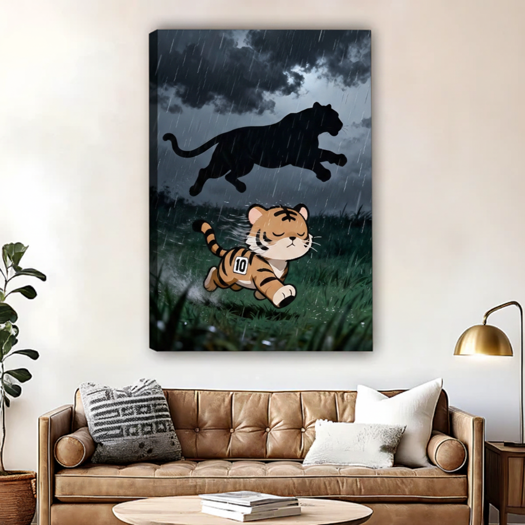 Cute cartoon tiger with number 10 jersey running in storm with black panther silhouette canvas art