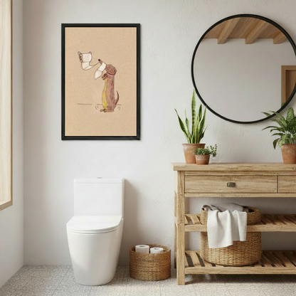 Funny dachshund wall art print hung in bright modern living room above sofa